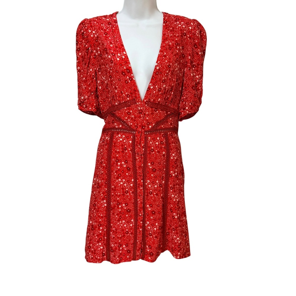 Free People Red Floral V-Neck Mini Dress Crochet Lace Trim Puff Sleeve Medium